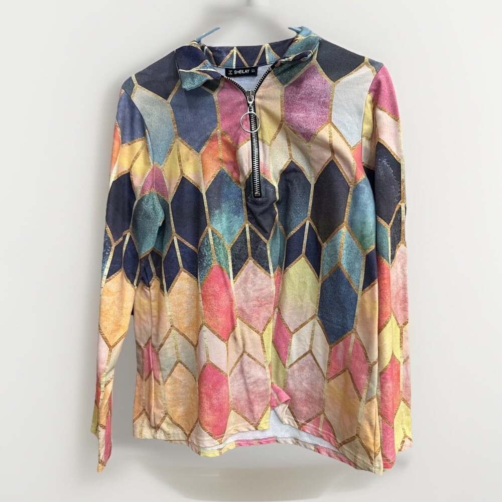Sheilay Stained Glass Business Casual Zipper Top Elegant Office Work Clothing M